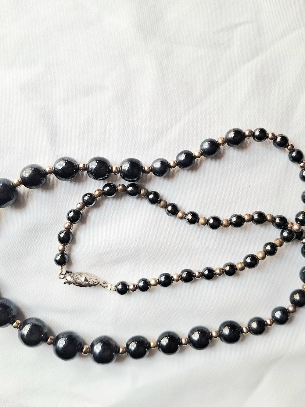 Vintage Natural Midnight Black Onyx Opera Necklace With 14K Yellow Gold Beads